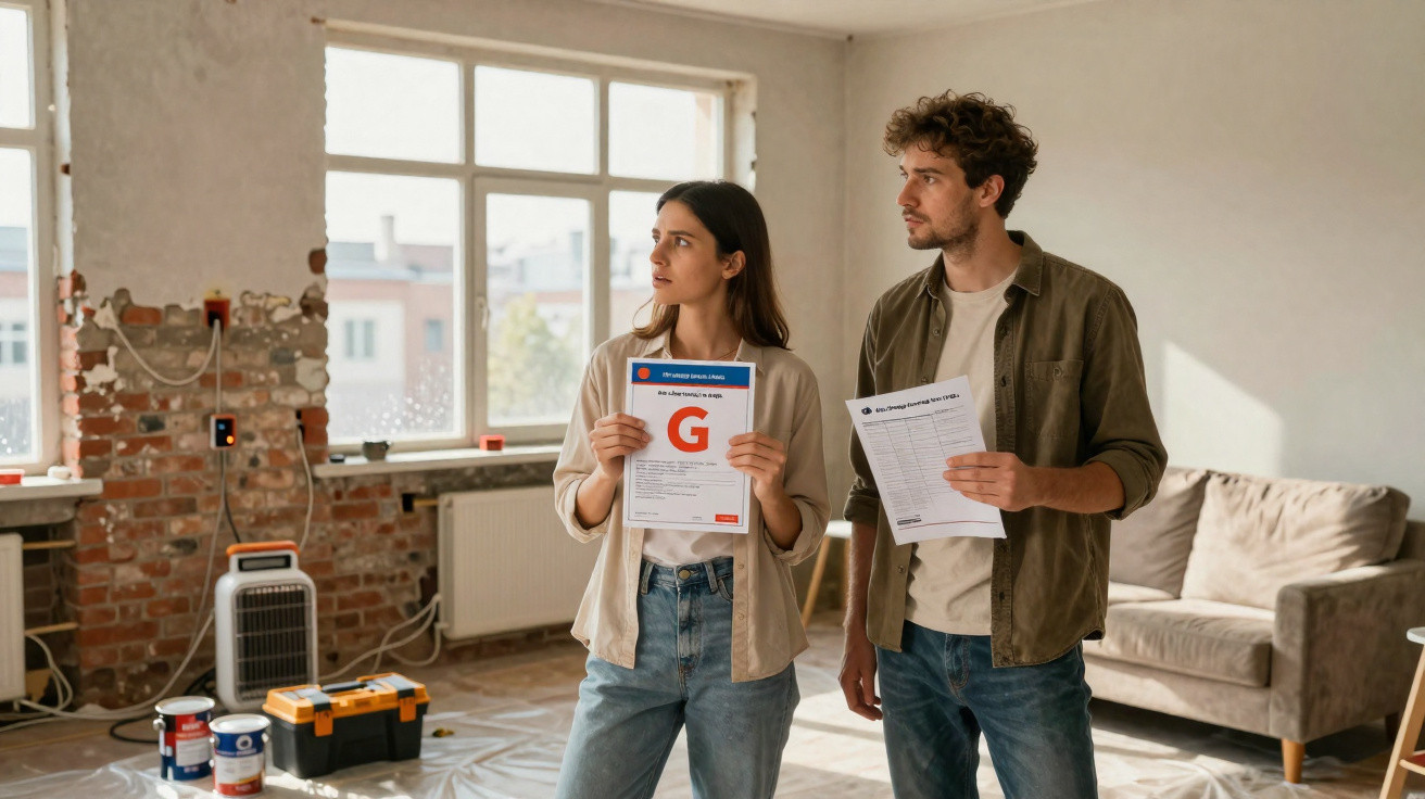 Casal em reforma segurando papéis com classificações em sala com parede meia tijolo e sofá.