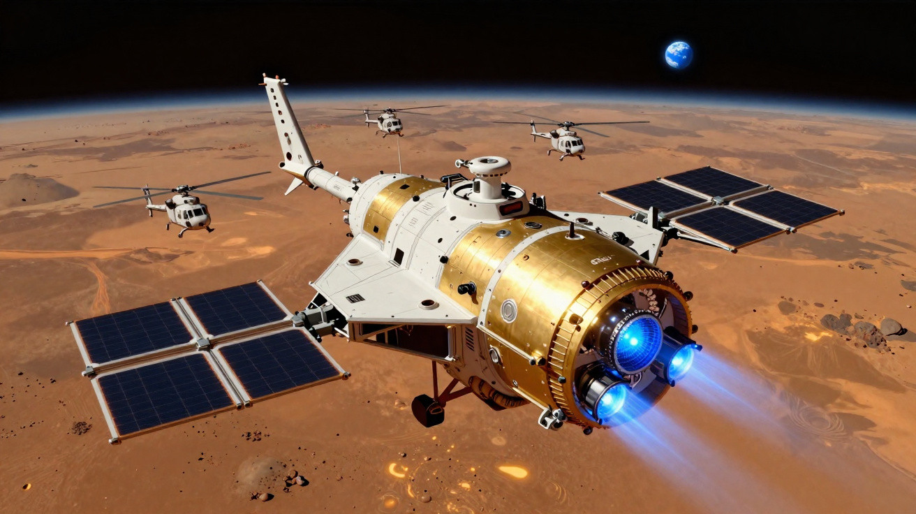 Nave espacial dourada com painéis solares orbitando Marte, com a Terra visível ao fundo.