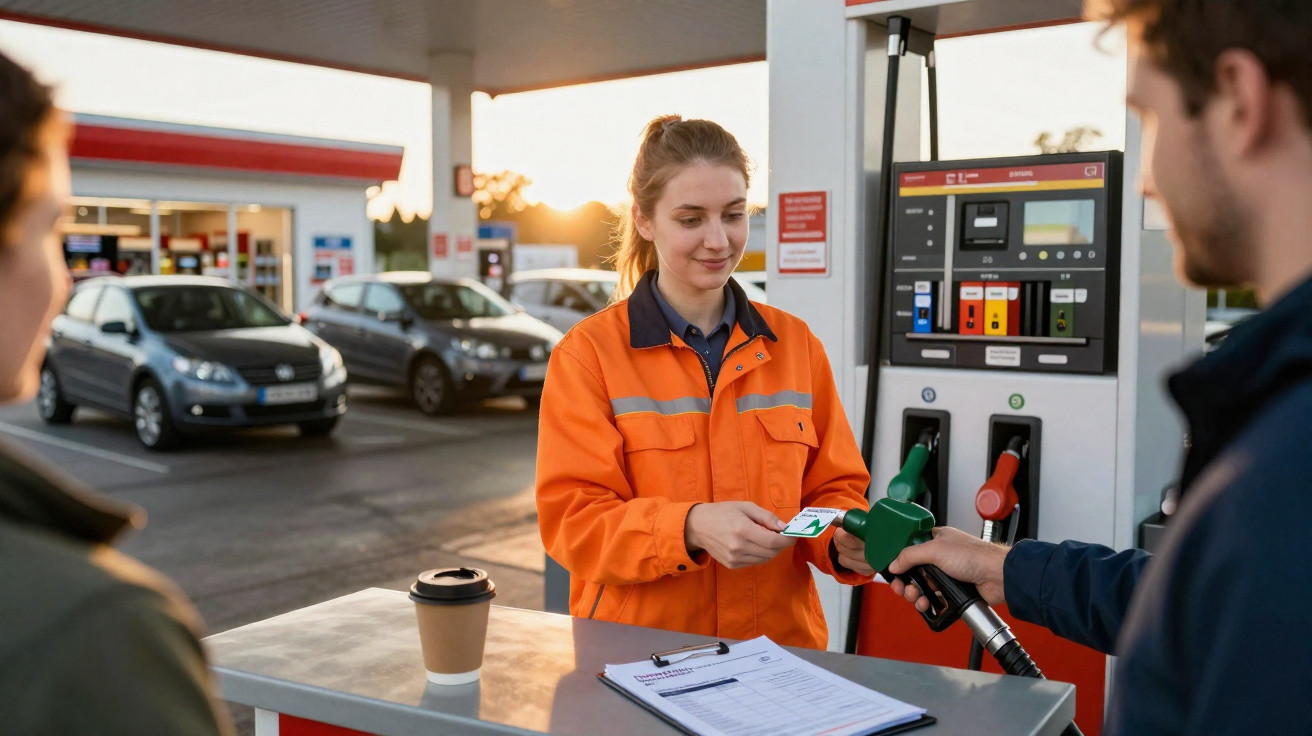 Funcionária de posto de gasolina recebendo cartão de cliente enquanto abastece veículo.