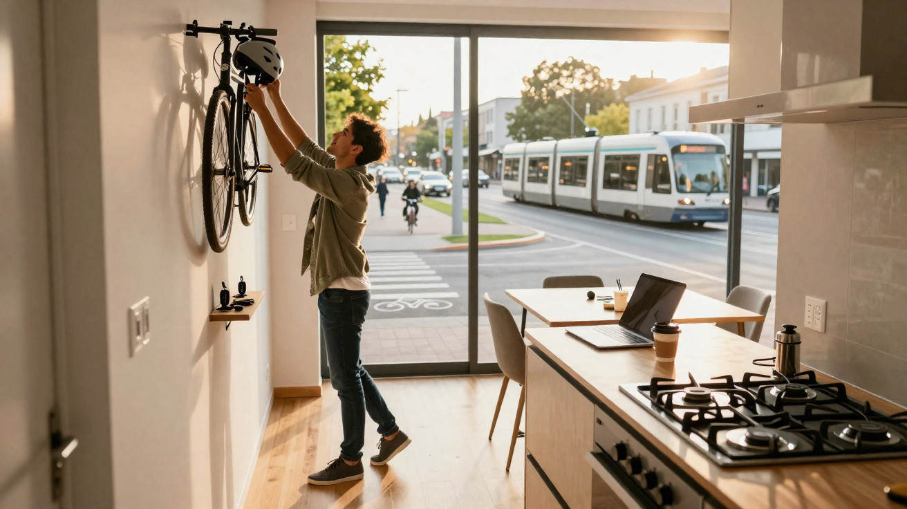 Homem guardando capacete em suporte de bicicleta na parede de apartamento moderno com vista para bonde.