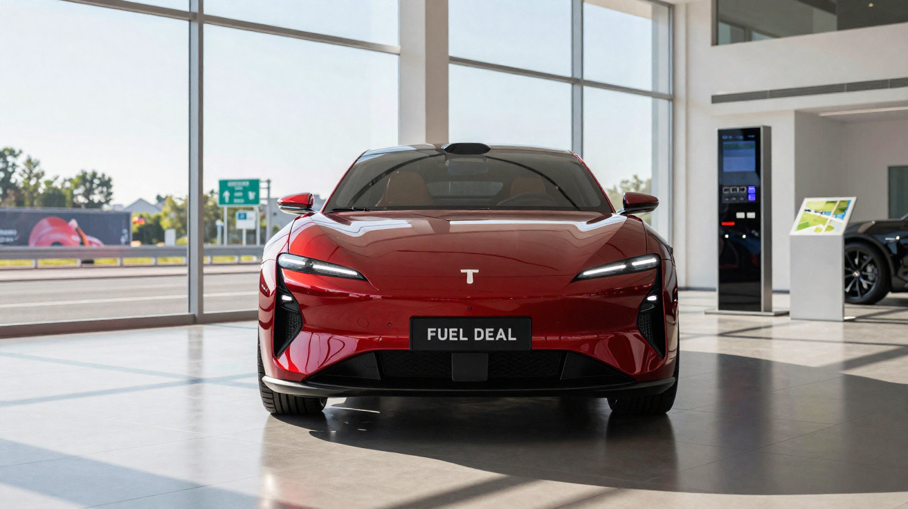 Carro elétrico vermelho modelo esportivo exibido em showroom com grande janela ao fundo.