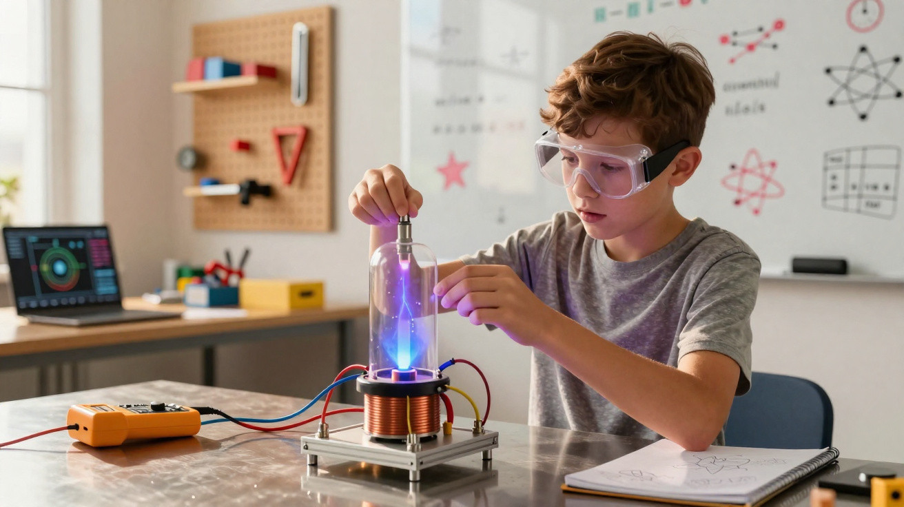 Menino usando óculos de proteção realiza experimento científico com gerador de plasma em sala de aula.