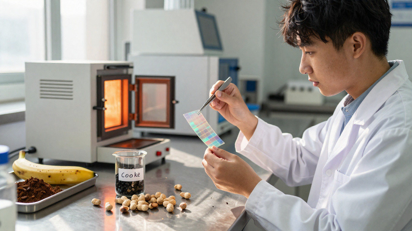 Pesquisador em laboratório analisa amostra com tiras de teste ao lado de amendoins, banana e equipamentos.