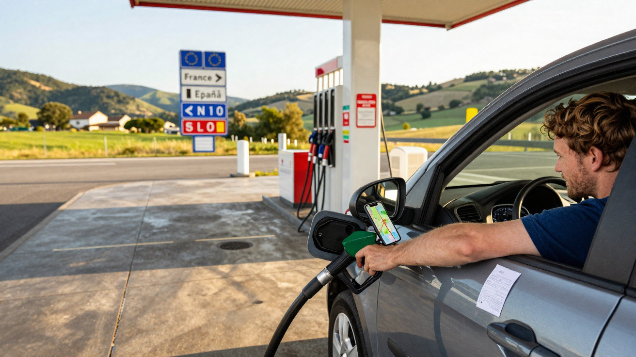 Homem abastecendo carro em posto com mapa no celular e placas indicando França e Espanha ao fundo.