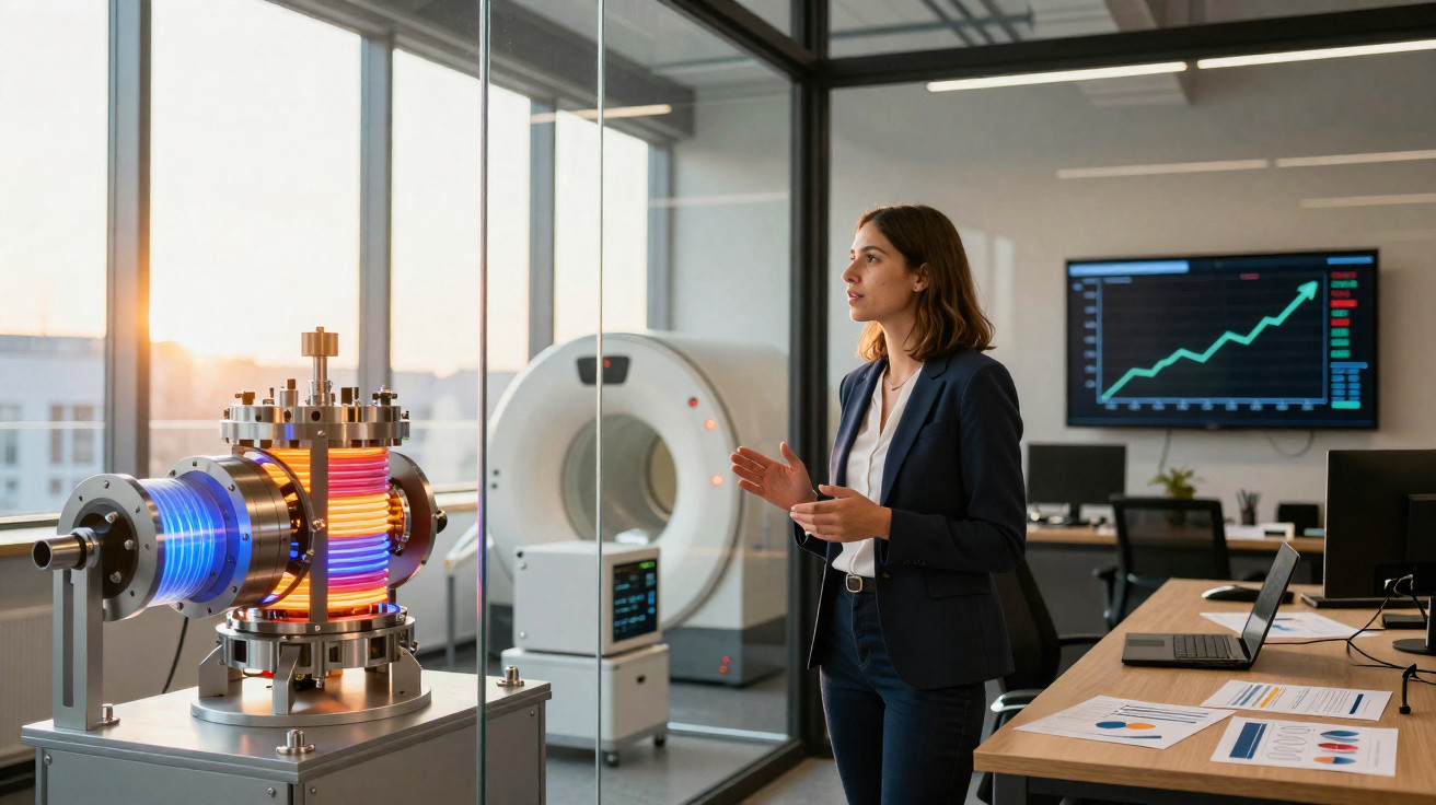 Mulher em laboratório observando equipamento científico iluminado com gráficos de crescimento em tela.