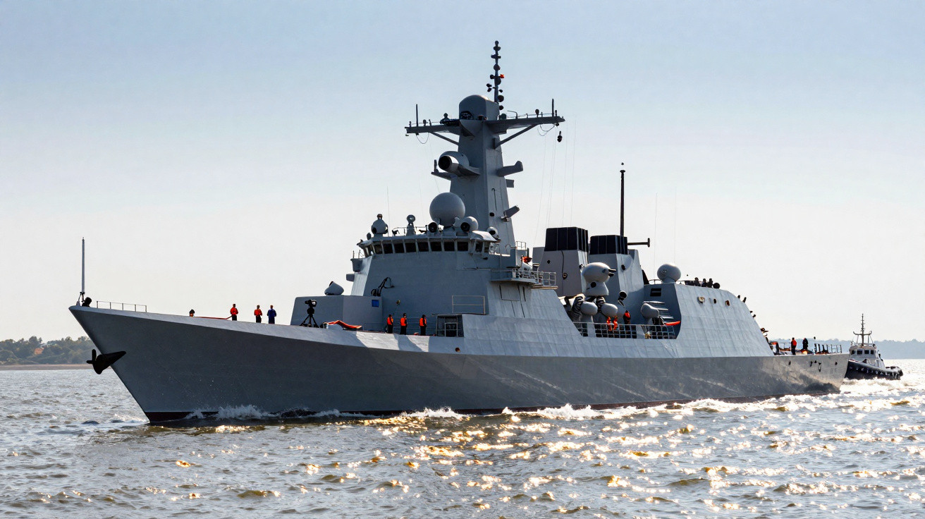 Navio de guerra cinza navegando em águas calmas com tripulantes no convés sob céu claro.