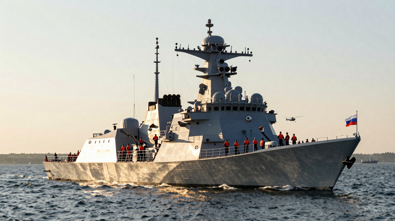 Navio de guerra russo em navegação com tripulação vestindo uniformes vermelhos no convés ao amanhecer.