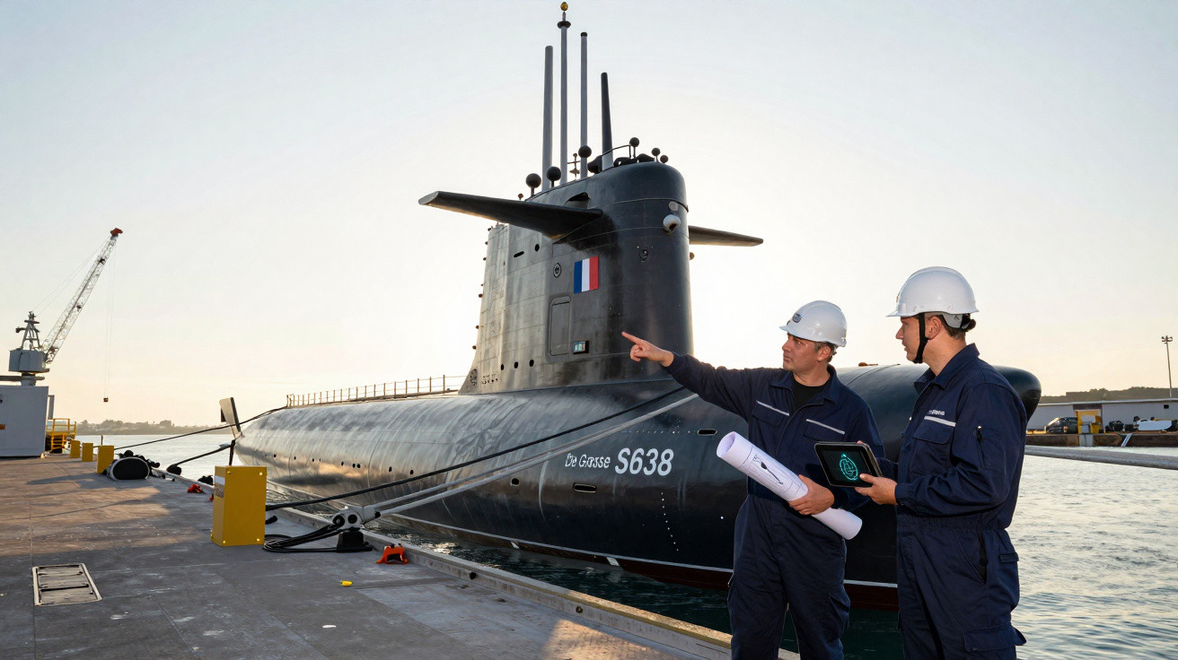 Dois homens com capacetes brancos de pé perto de um submarino preto ancorado em um cais ao entardecer.