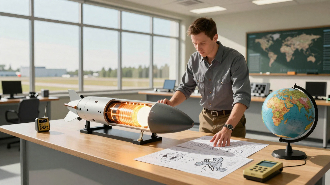 Homem analisa maquete de foguete iluminado e mapas em mesa de escritório com globo terrestre e computadores.