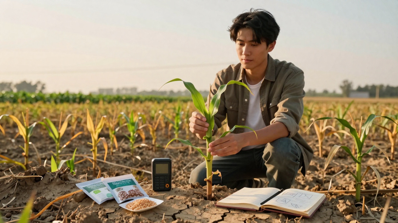 Jovem agricultor examinando planta de milho em campo seco com sementes, livro aberto e equipamento agrícola.