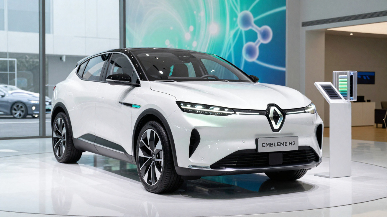 Carro elétrico branco Renault Embleme H2 exposto em showroom moderno com painel digital ao lado.