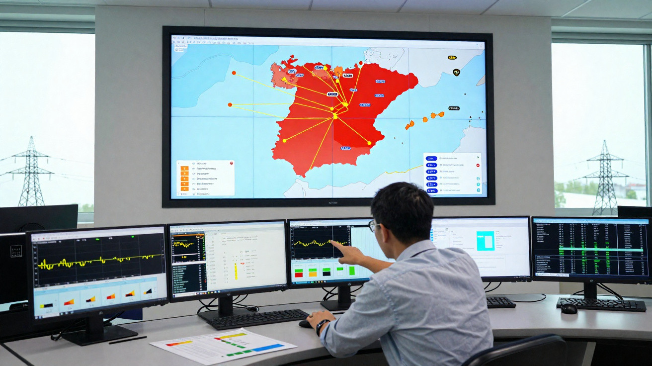 Pessoa em escritório observando mapas e gráficos de rede elétrica na Espanha em várias telas de computador.