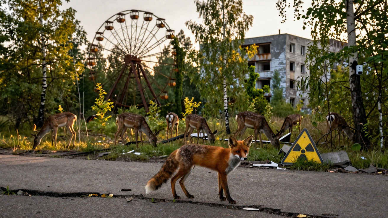 Raposa e cervos em área abandonada com roda-gigante e placa de radiação ao fundo.