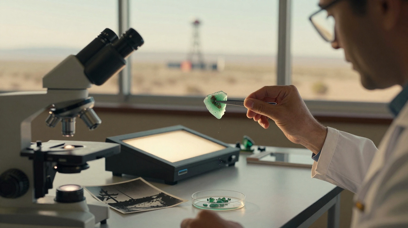 Pesquisador manuseia fragmento verde com pinça em laboratório com microscópio e lâmpada de luz atrás.
