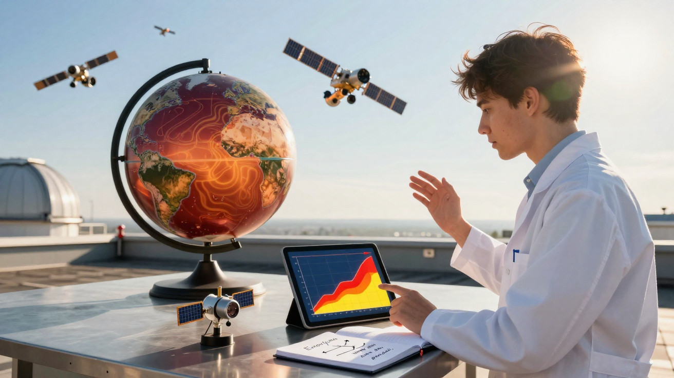 Jovem cientista com jaleco interage com tablet mostrando gráfico, satélites e globo terrestre colorido em mesa.