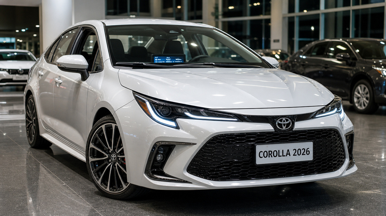 Carro branco Toyota Corolla 2026 em exposição dentro de concessionária moderna à noite.