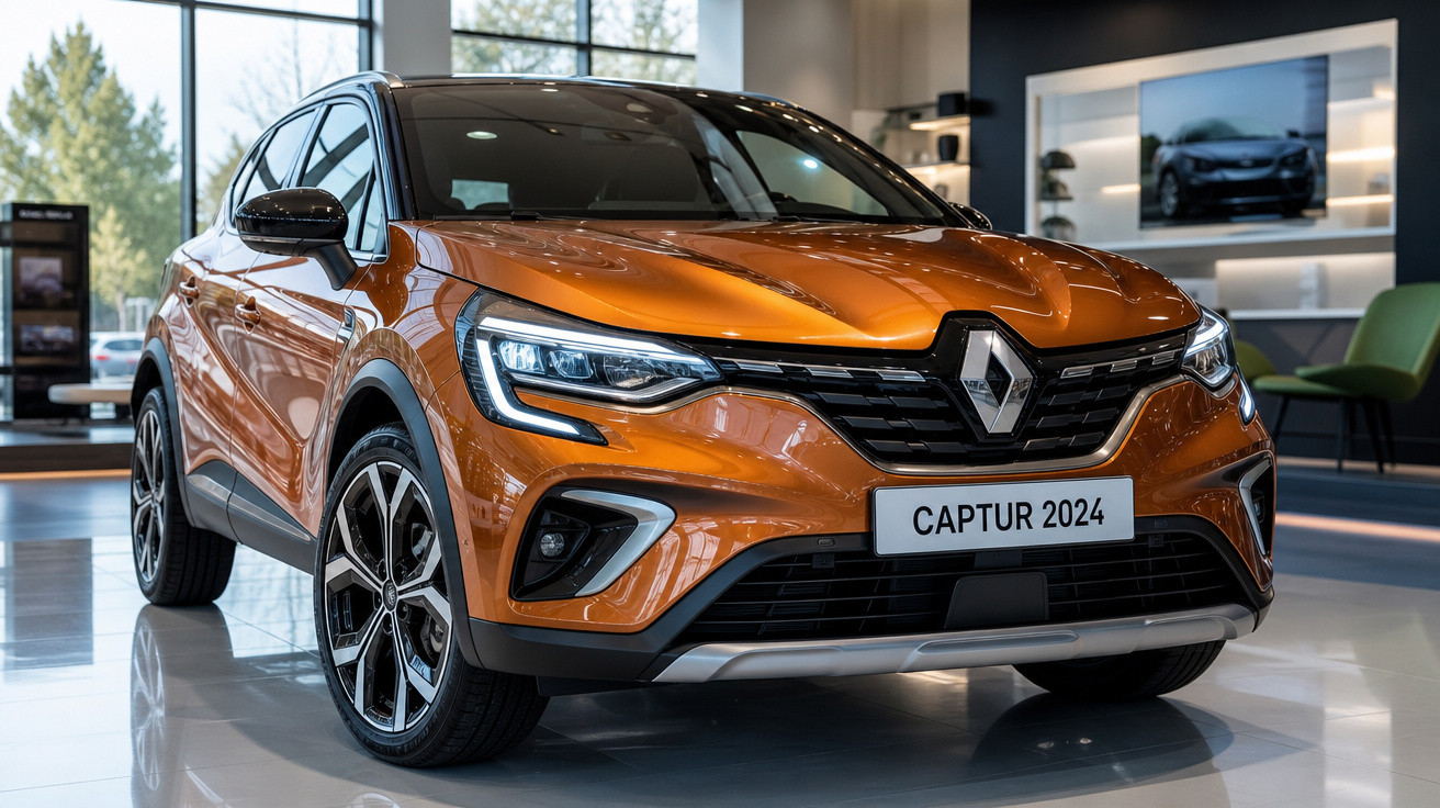 Carro SUV laranja Renault Captur 2024 em exposição com faróis e detalhes modernos em showroom.