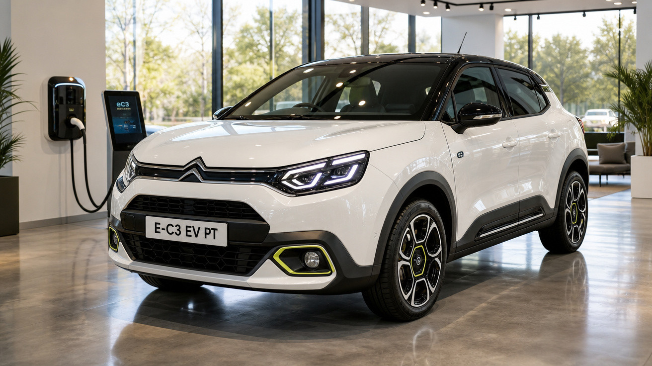 Carro elétrico Citroën E-C3 EV branco em showroom moderno com estação de recarga ao fundo.