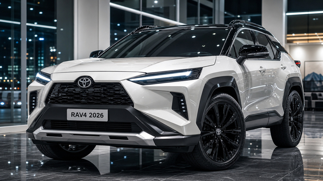 Toyota RAV4 2026 branco exibido em showroom com rodas pretas e iluminação moderna.