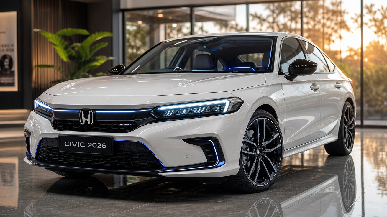 Carro Honda Civic 2026 branco com design moderno em ambiente interno iluminado ao entardecer.
