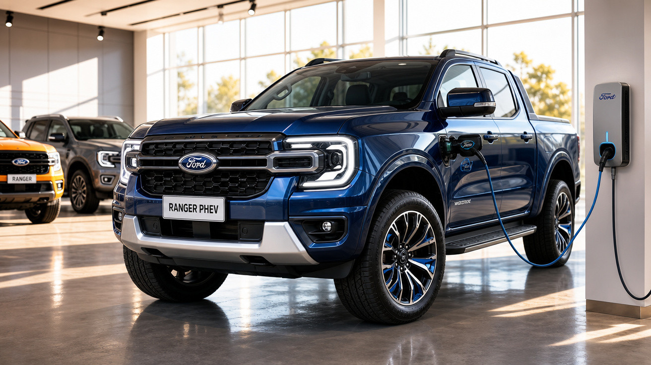 Picape azul Ford Ranger PHEV elétrica carregando em tomada dentro de showroom iluminado.