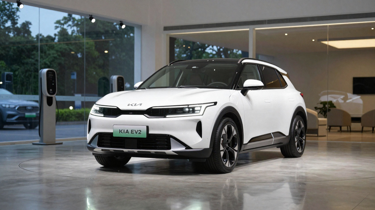 Carro elétrico branco Kia EV2 estacionado em showroom moderno com luz natural e piso de concreto polido.