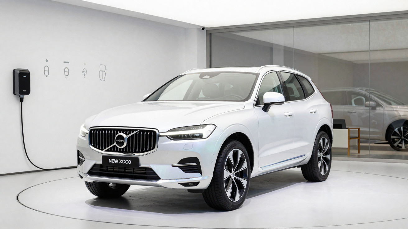 Carro elétrico branco Volvo New XC60 em exposição com carregador na parede em espaço moderno.