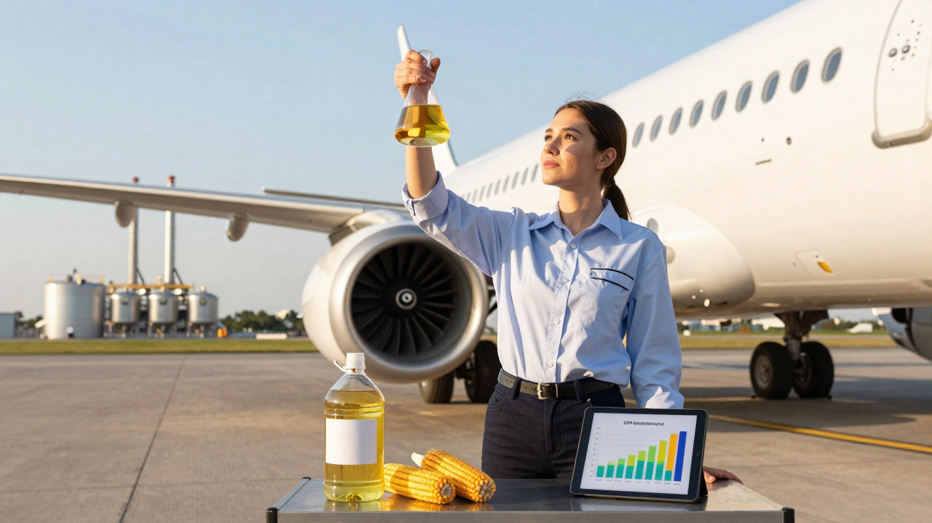 Mulher segura frasco com biocombustível ao lado de milho, gráfico e avião em pista de aeroporto.