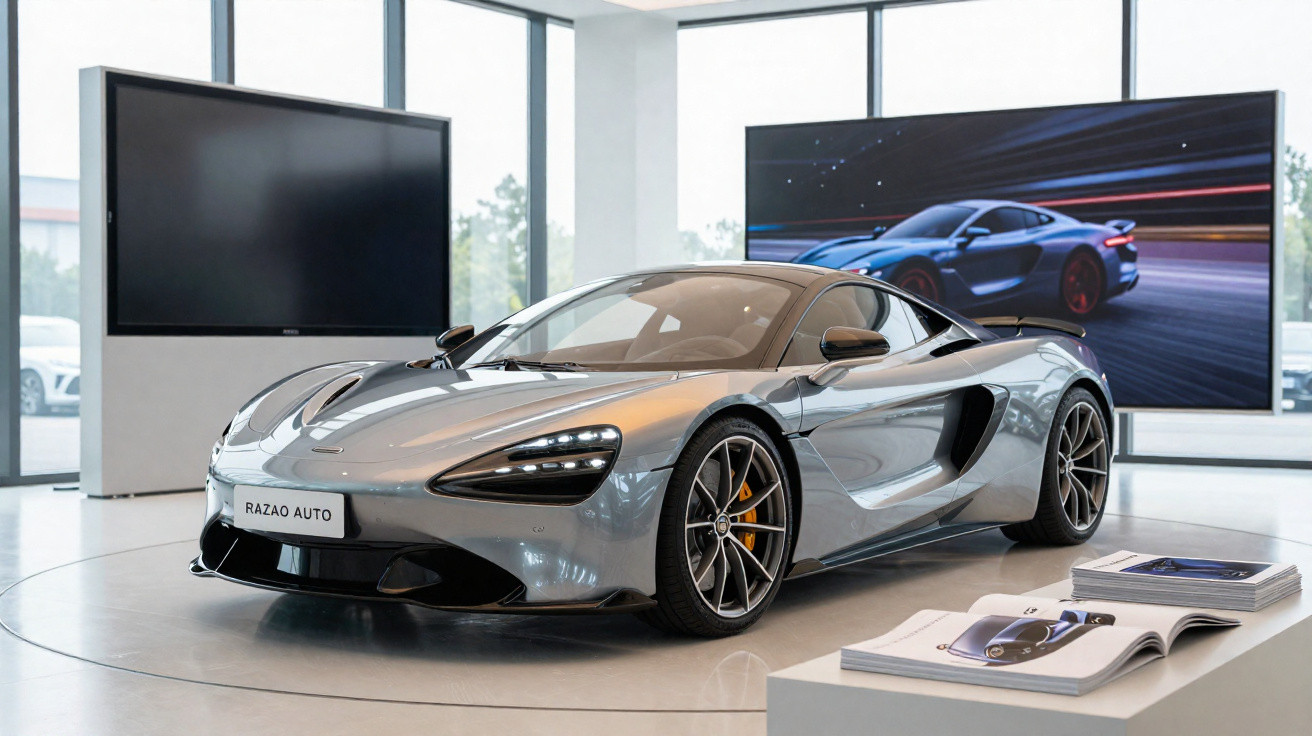 Carro esportivo prata exibido em showroom moderno com telas e revistas ao fundo.