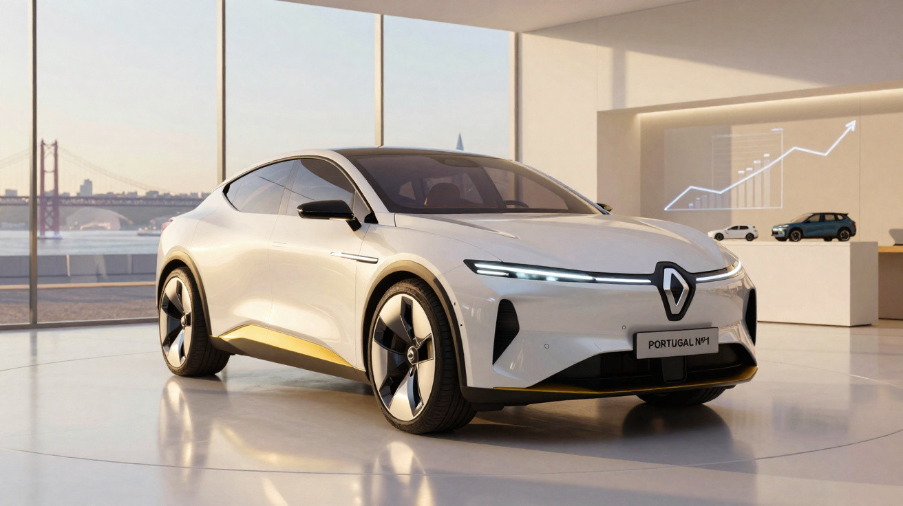 Carro elétrico branco Renault Portugal N.º1 em showroom moderno com janelas grandes e vista panorâmica urbana.