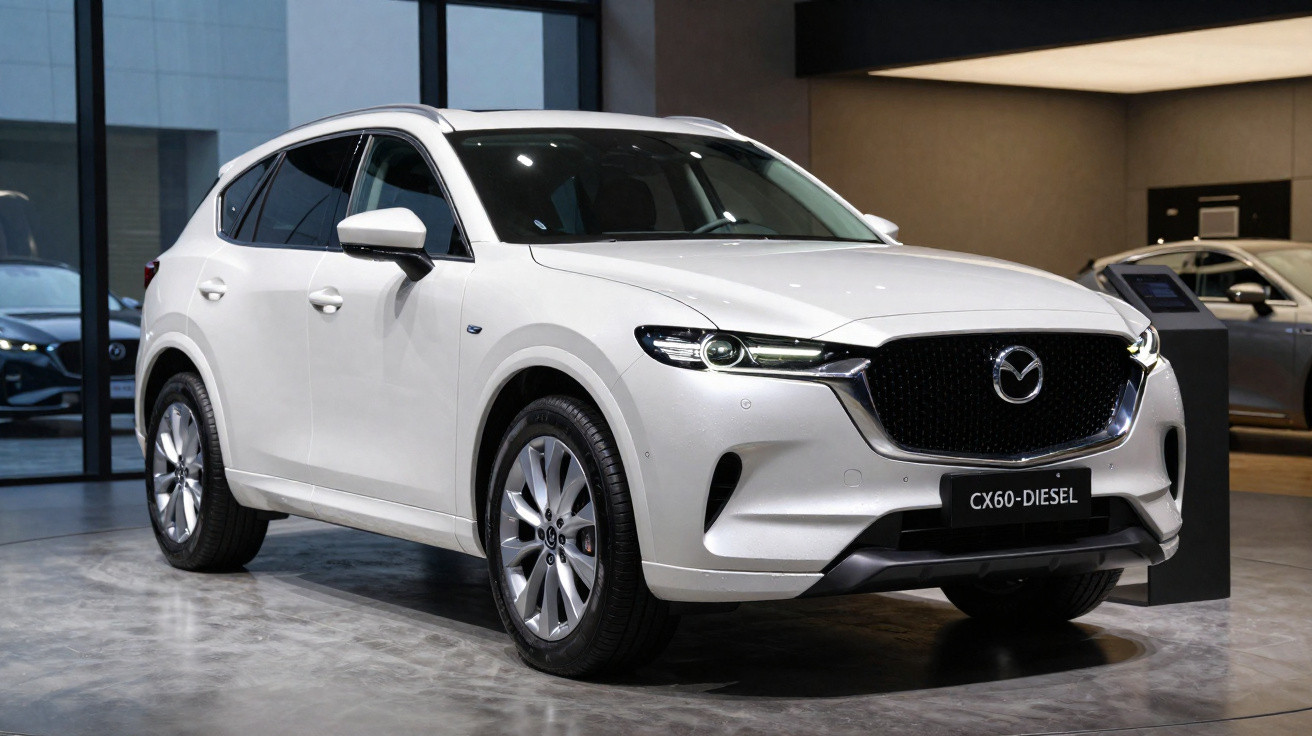 Carro SUV branco Mazda CX-60 Diesel estacionado em ambiente interno moderno e iluminado.