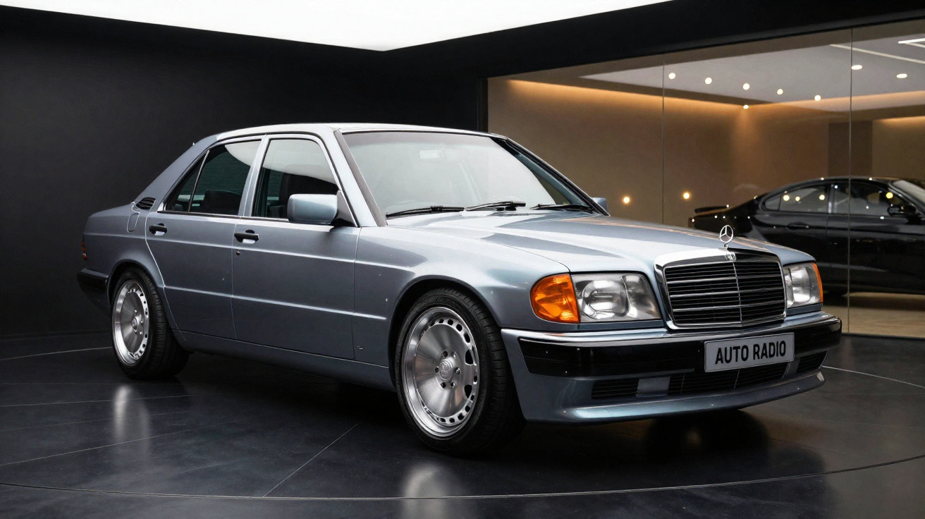 Carro sedan clássico Mercedes-Benz cinza em exposição interna com placa "AUTO RADIO".