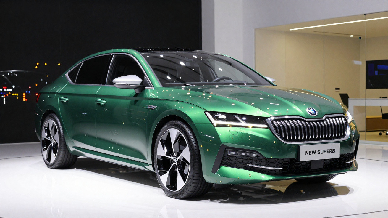 Carro sedan verde metálico Skoda New Superb exposto em ambiente interno com iluminação artificial branca.