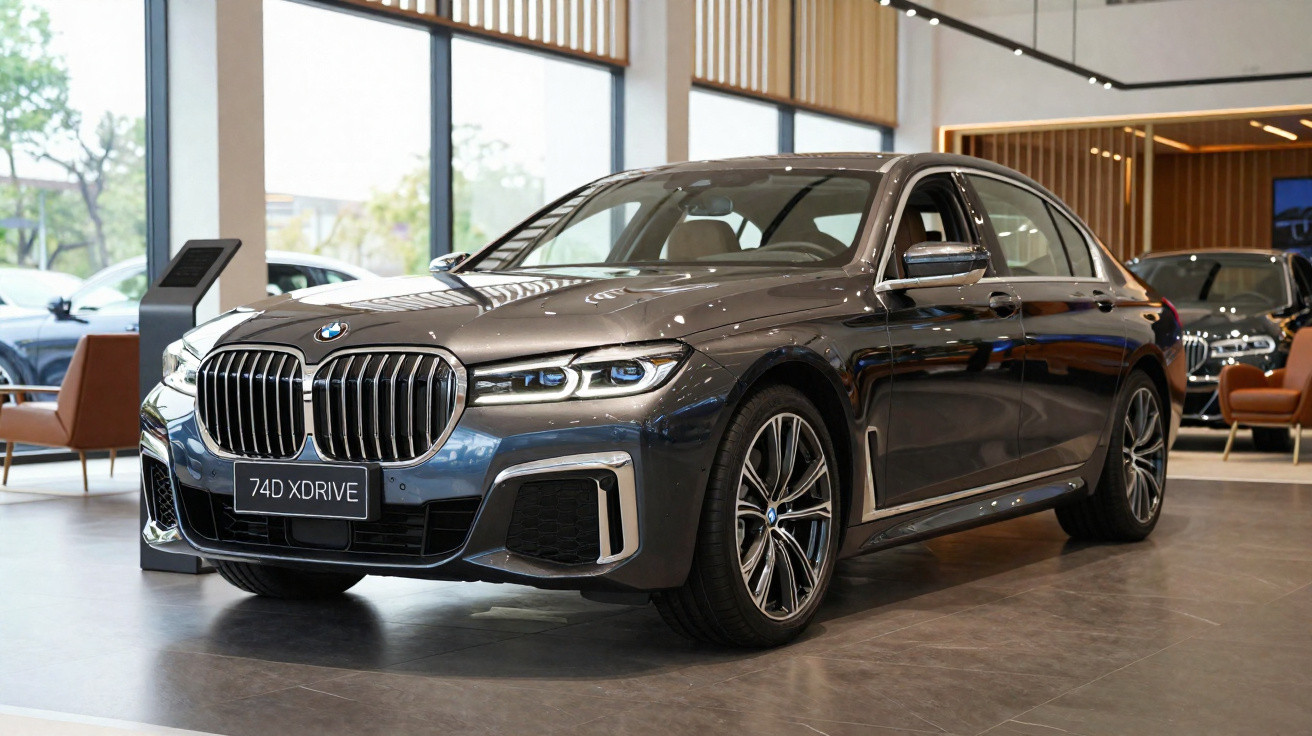 Carro BMW cinza 74D XDRIVE exibido em showroom moderno com grandes janelas e móveis decorativos.