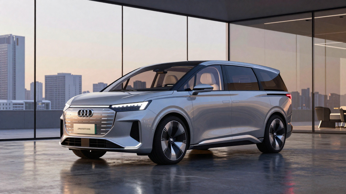 Carro elétrico Audi Q7 em prata exibido em ambiente interno moderno com janelas de vidro e vista urbana.