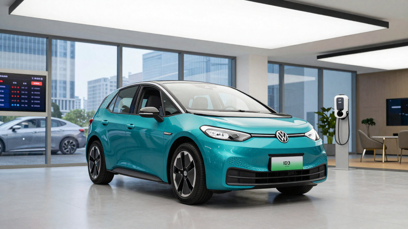 Carro elétrico Volkswagen ID.3 azul em showroom moderno com estação de recarga ao fundo.