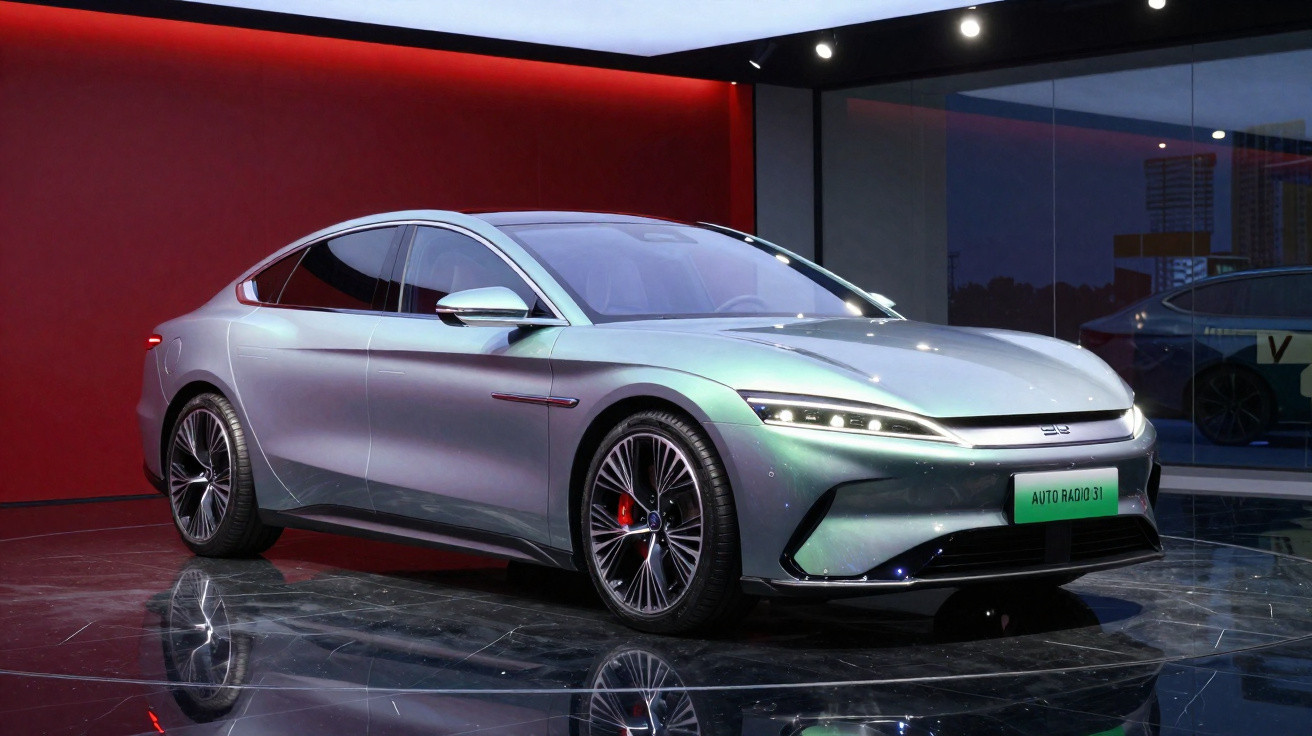 Carro elétrico cinza prata com design moderno exposto em ambiente interno com parede vermelha e piso espelhado.