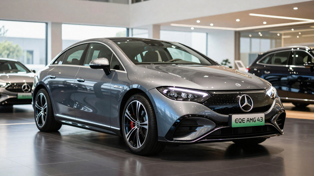 Carro elétrico Mercedes-Benz EQE AMG 43 cinza em showroom com design esportivo e moderno.