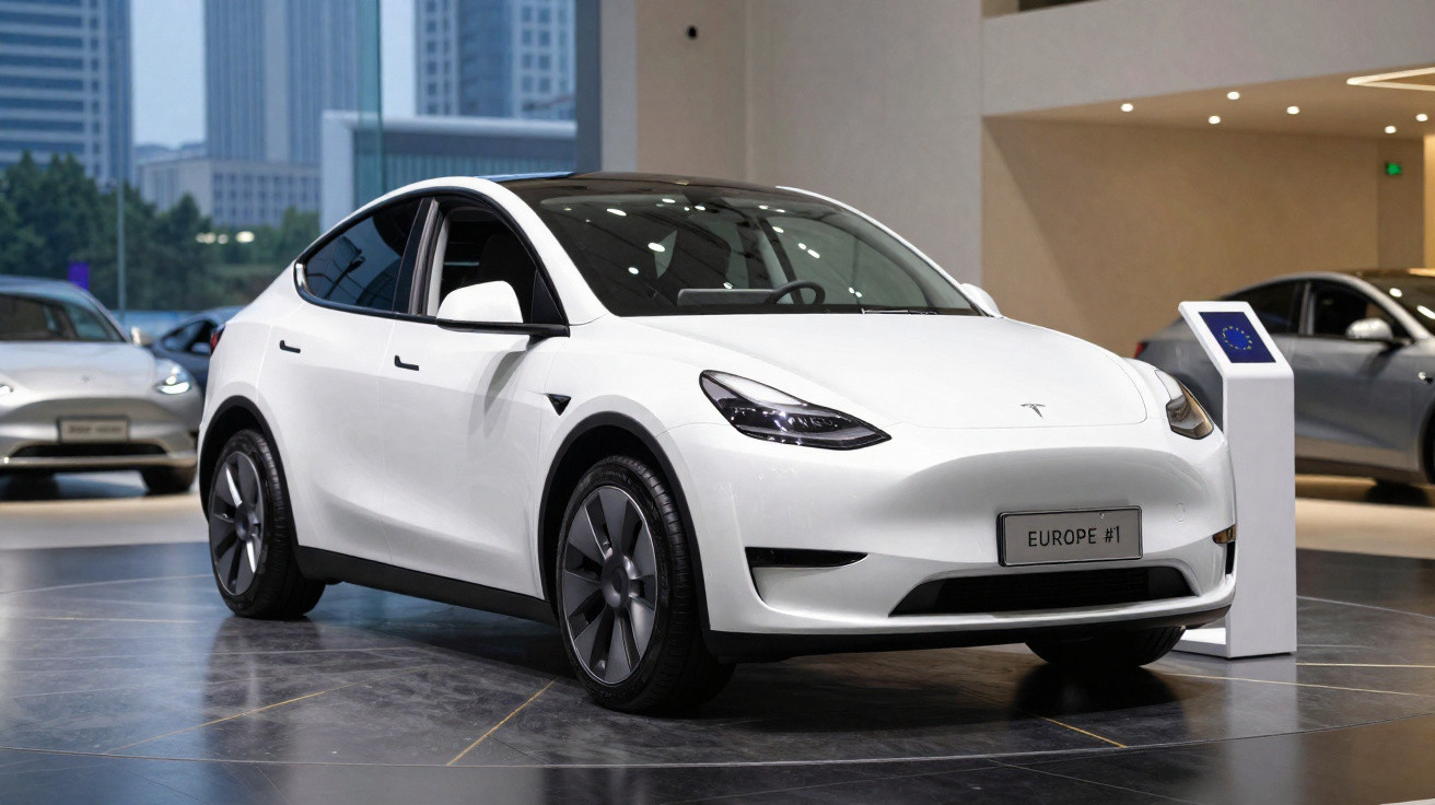 Carro elétrico branco Tesla Model Y exposto em showroom moderno com placas Europa #1.