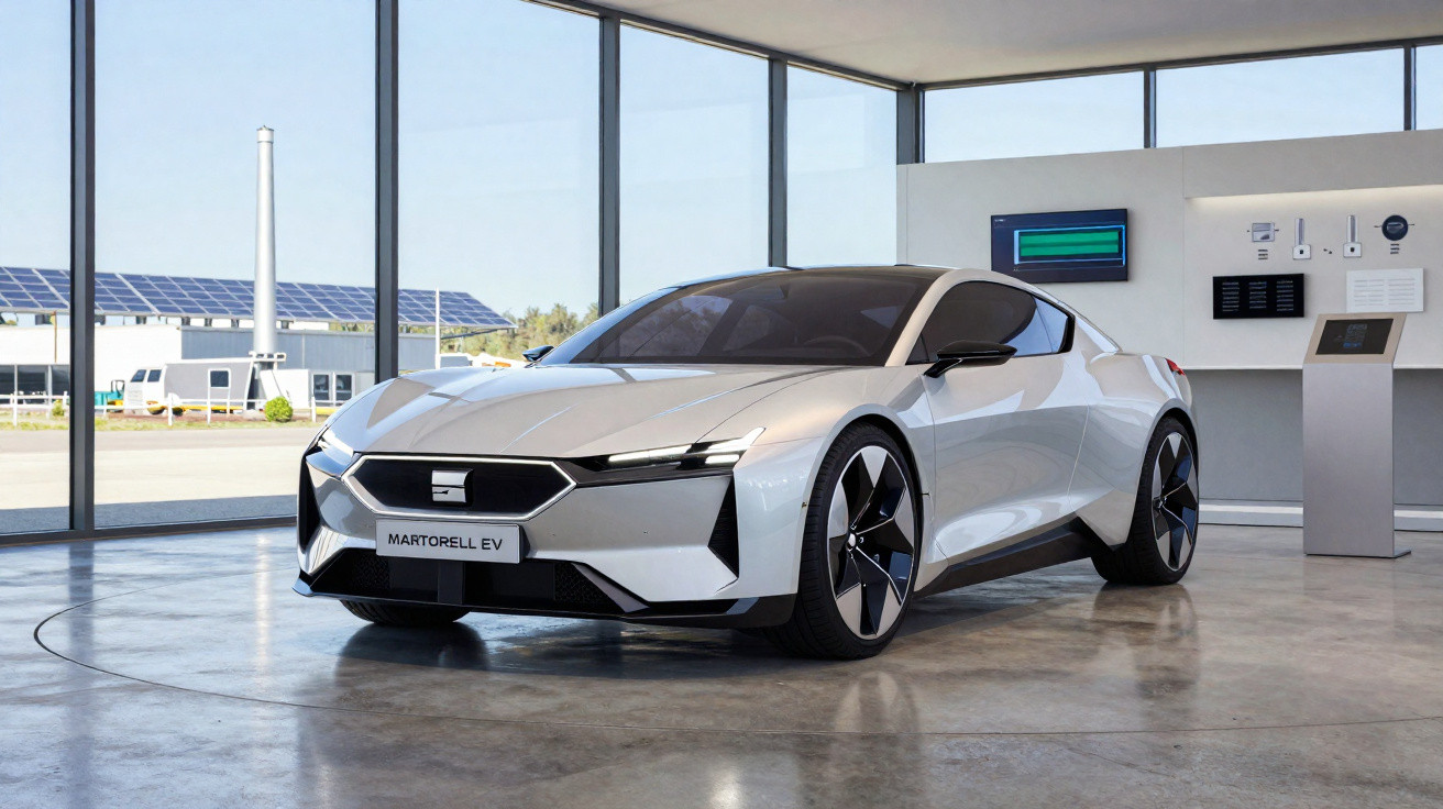 Carro elétrico esportivo prata estacionado em showroom moderno com paredes de vidro e painéis solares ao fundo.