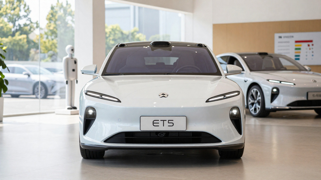 Carro elétrico branco modelo ET5 da NIO exibido em showroom moderno e iluminado.