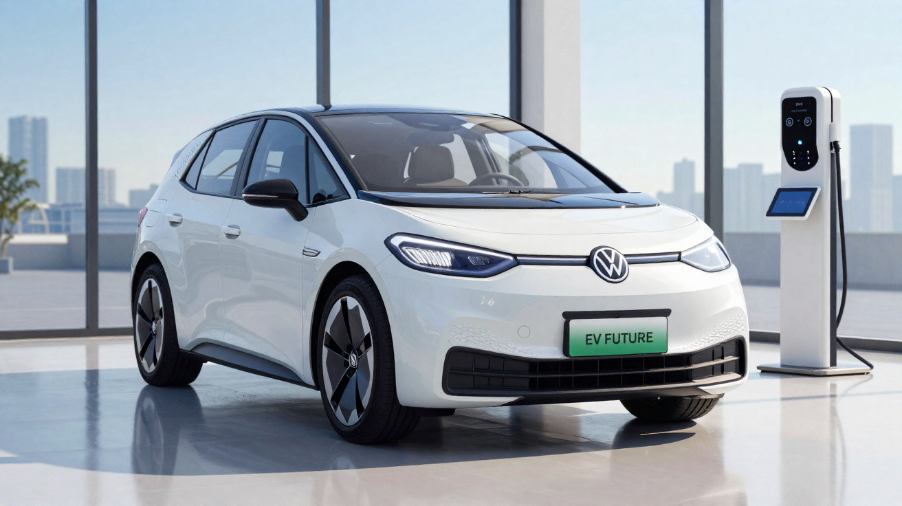 Carro elétrico branco Volkswagen estacionado ao lado de um ponto de recarga em ambiente urbano moderno.