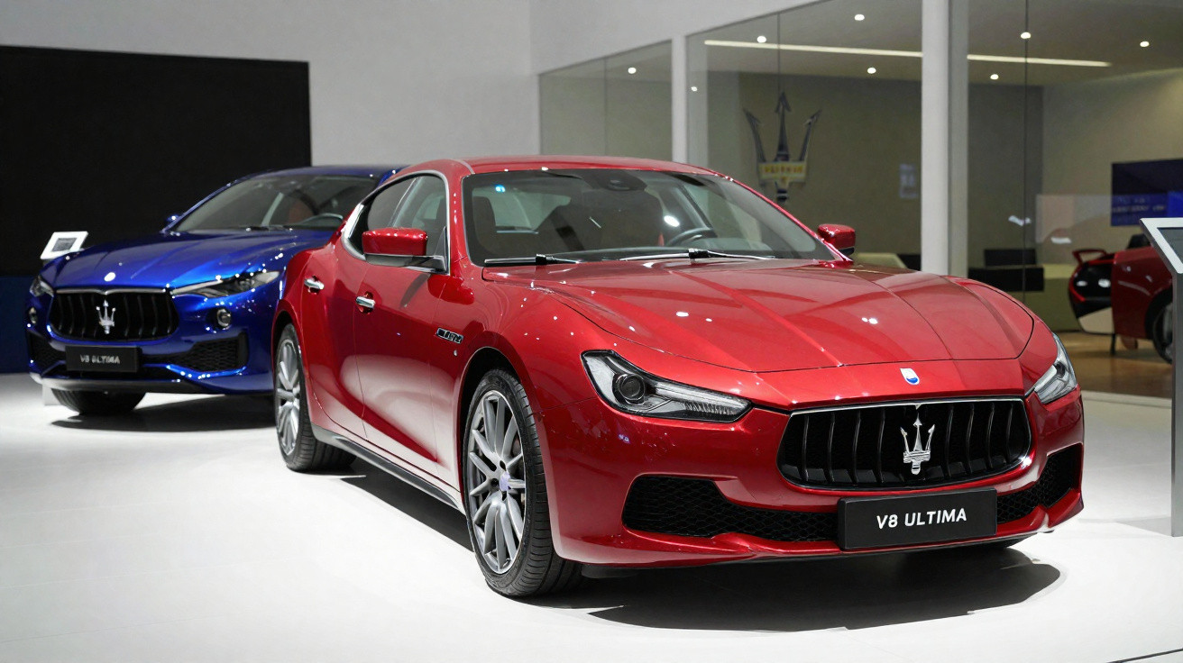 Carros esportivos Maserati V8 Ultima nas cores vermelha e azul exibidos em showroom.