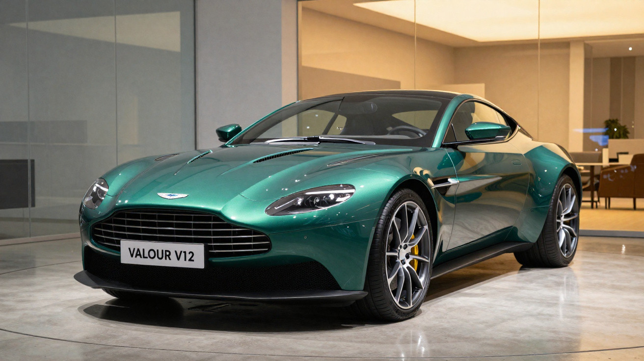 Carro esportivo verde Aston Martin Valour V12 exibido em ambiente moderno e iluminado.