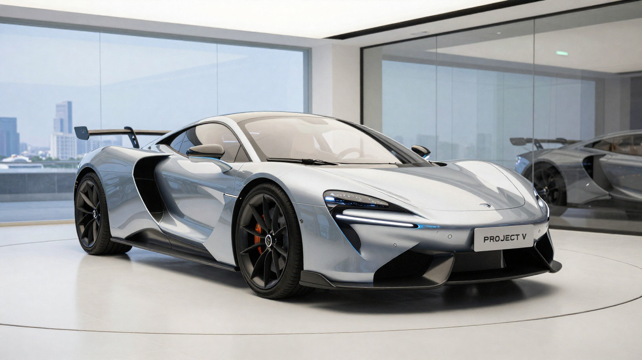 Carro esportivo prata McLaren Project V em exposição em ambiente moderno com parede de vidro.