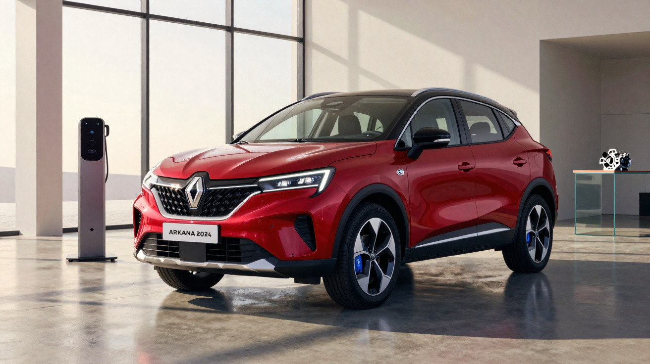 Carro SUV elétrico vermelho Renault Arkana 2024 estacionado em ambiente interno moderno.