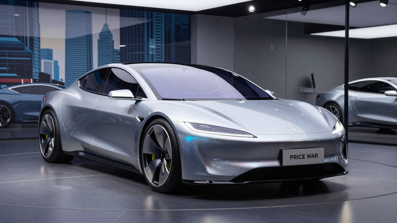 Carro esportivo elétrico prateado estacionado em salão moderno com reflexos de luz e painéis urbanos ao fundo.