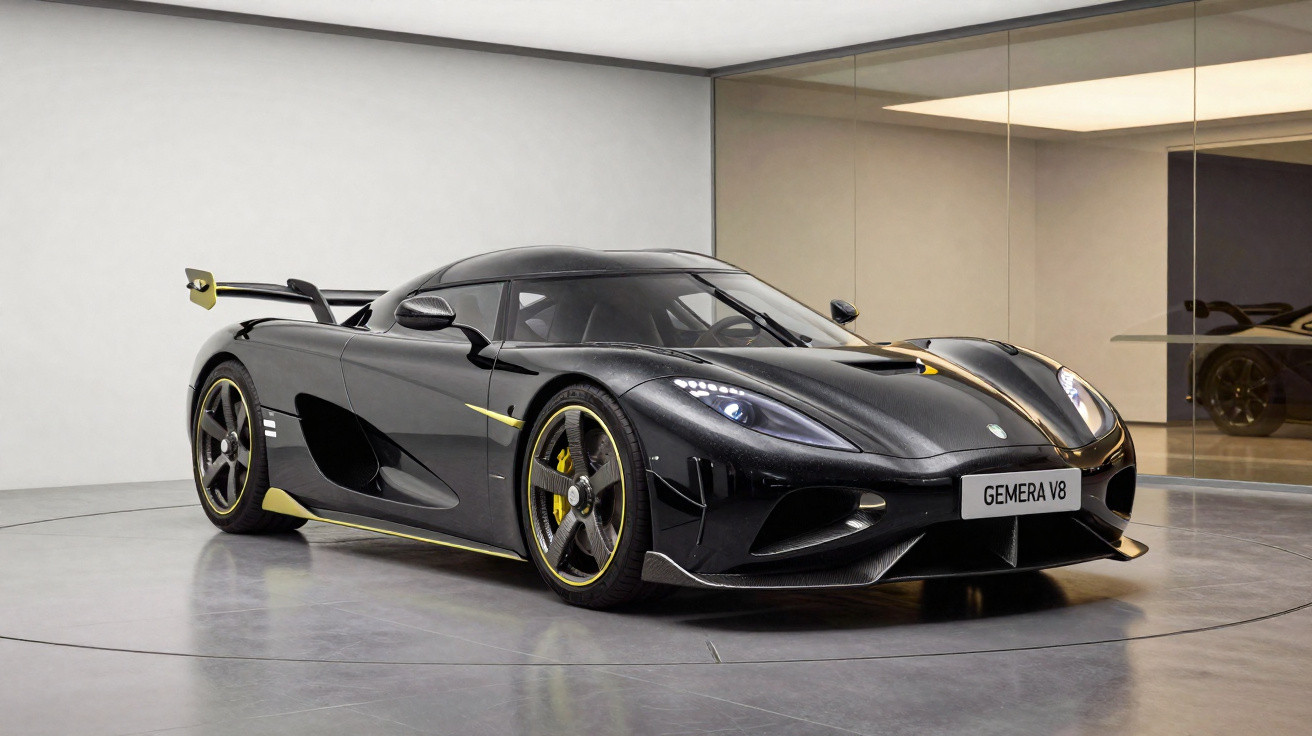 Carro esportivo preto com detalhes amarelos estacionado em ambiente moderno com paredes de vidro.