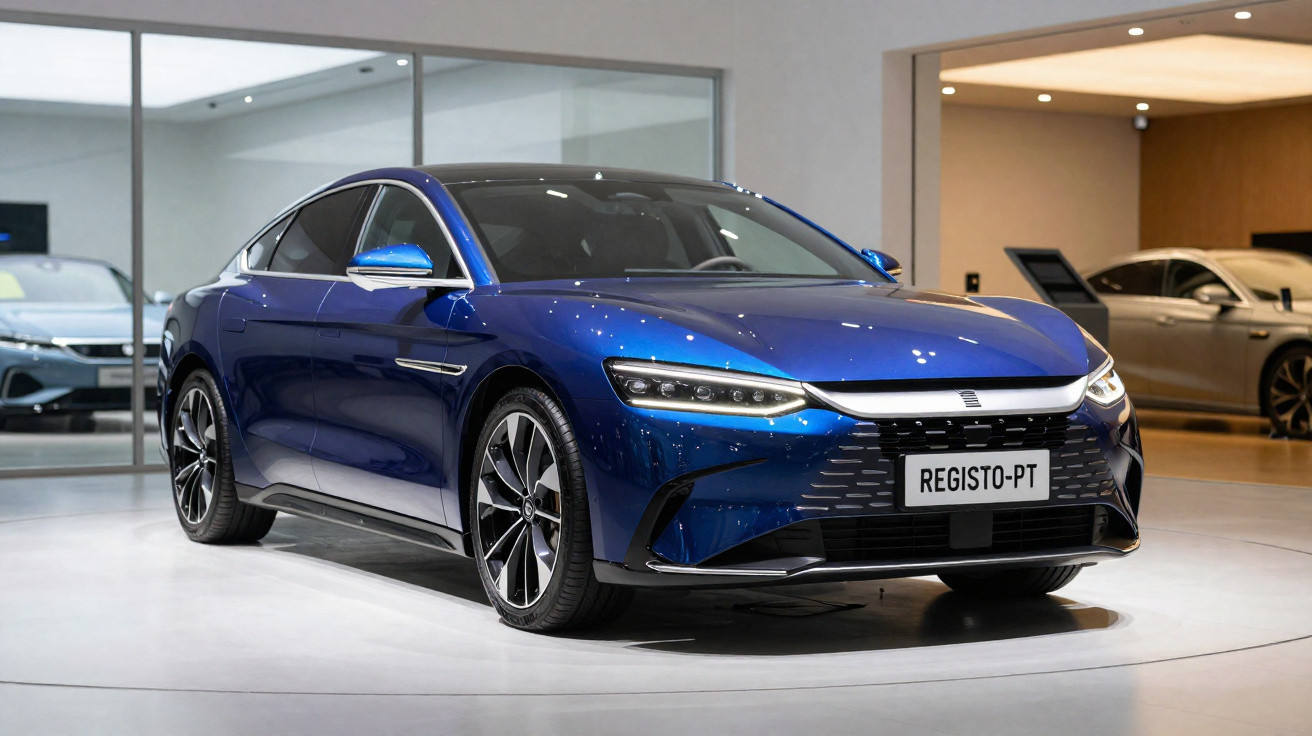 Carro elétrico sedã azul exibido em showroom com iluminação elegante e detalhes modernos.