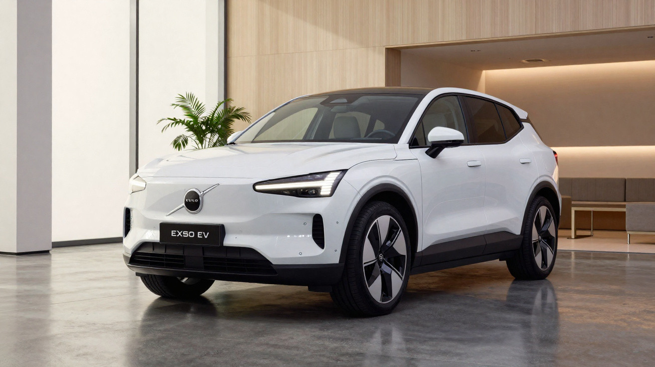 Carro elétrico branco Volvo EX50 EV estacionado em ambiente interno moderno com piso de concreto e plantas decorativas.